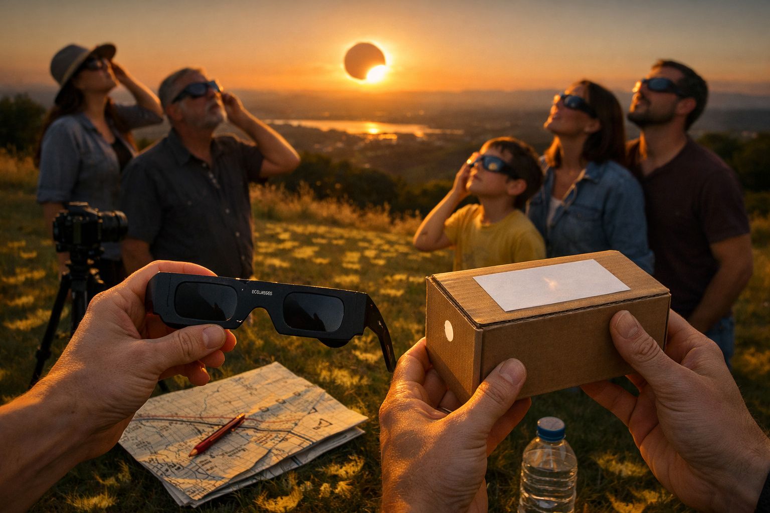 Grupo de pessoas observa eclipse solar num campo, usando óculos especiais. Duas mãos seguram ferramentas de observação.