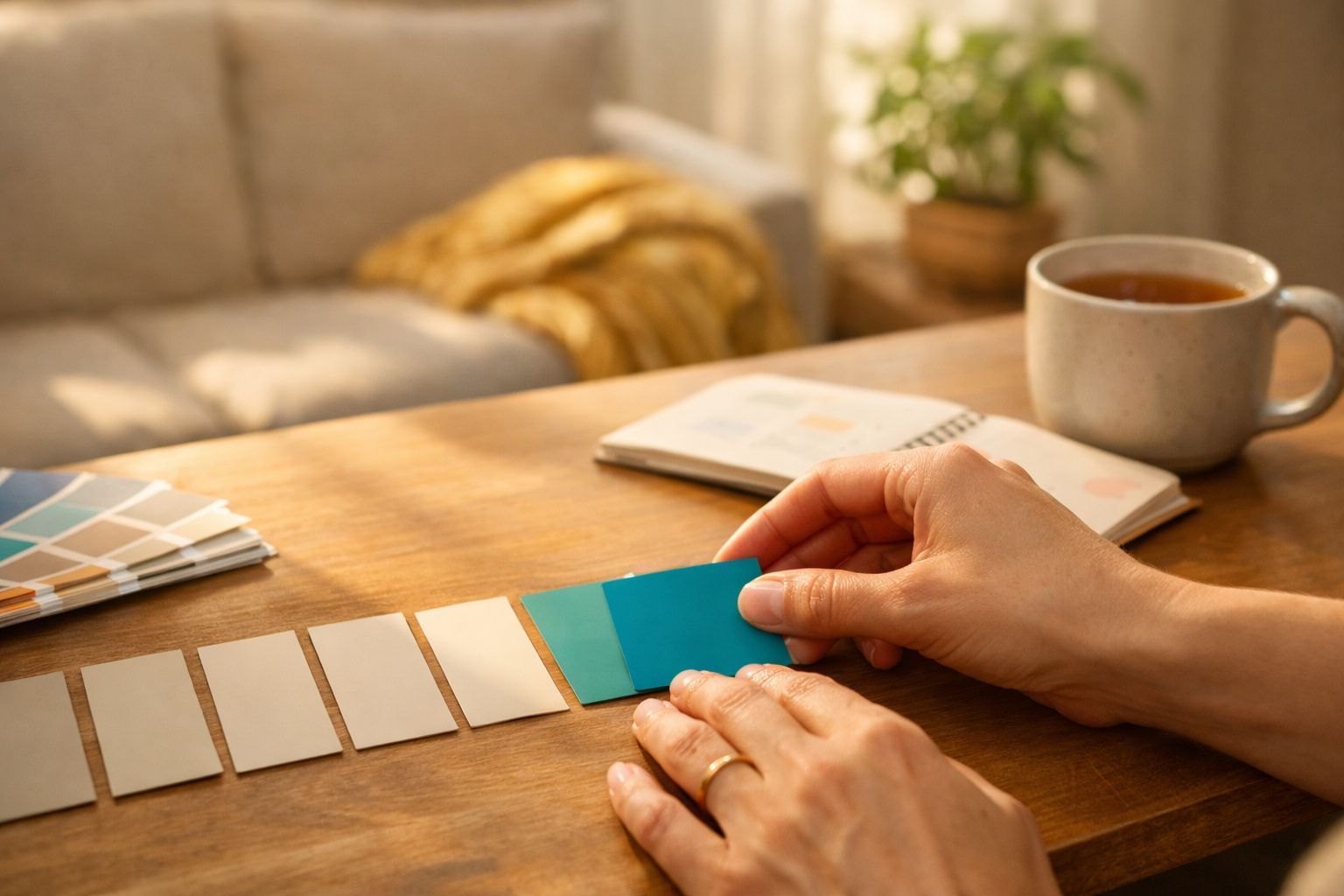 Mão segurando amostra de tinta azul sobre mesa de madeira com chávena, bloco de notas e plantas ao fundo.