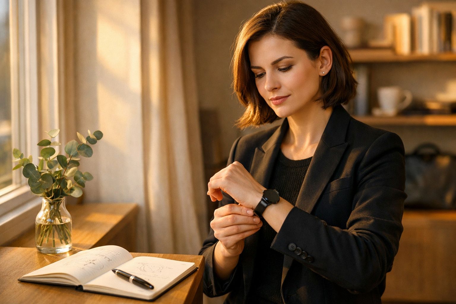 Mulher sentada num escritório, olhando para o relógio, com um caderno e planta em cima da mesa.
