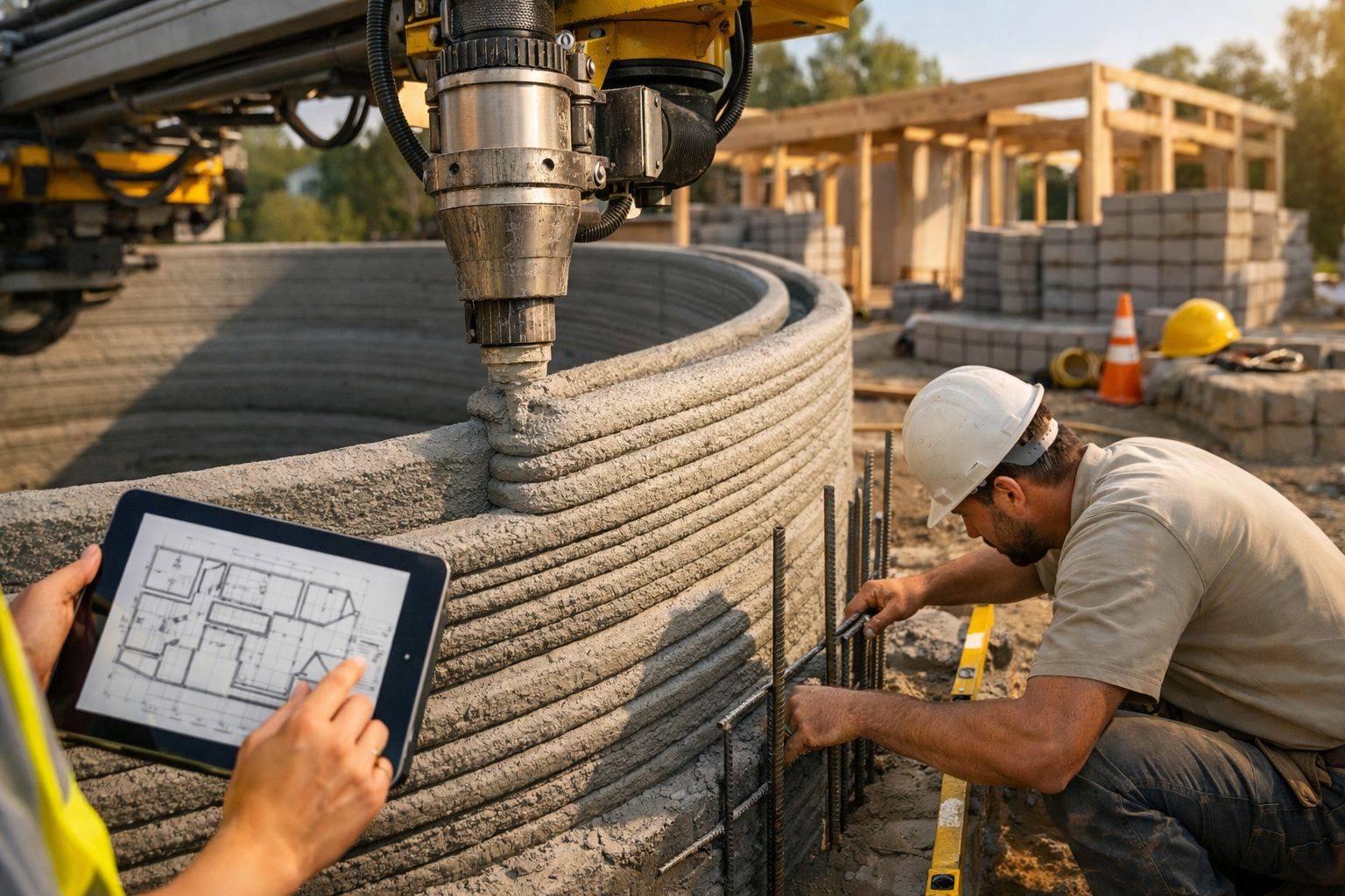Impressora 3D a construir estrutura de cimento; pessoa com capacete a verificar alinhamento, outra a segurar tablet com plant