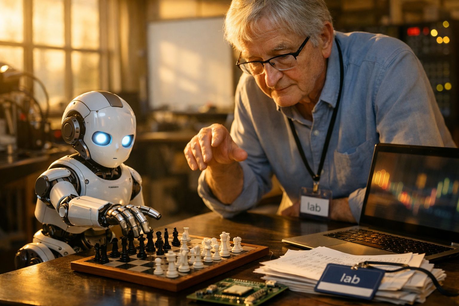 Homem idoso a jogar xadrez com robô em mesa de laboratório, laptop e papéis ao fundo.