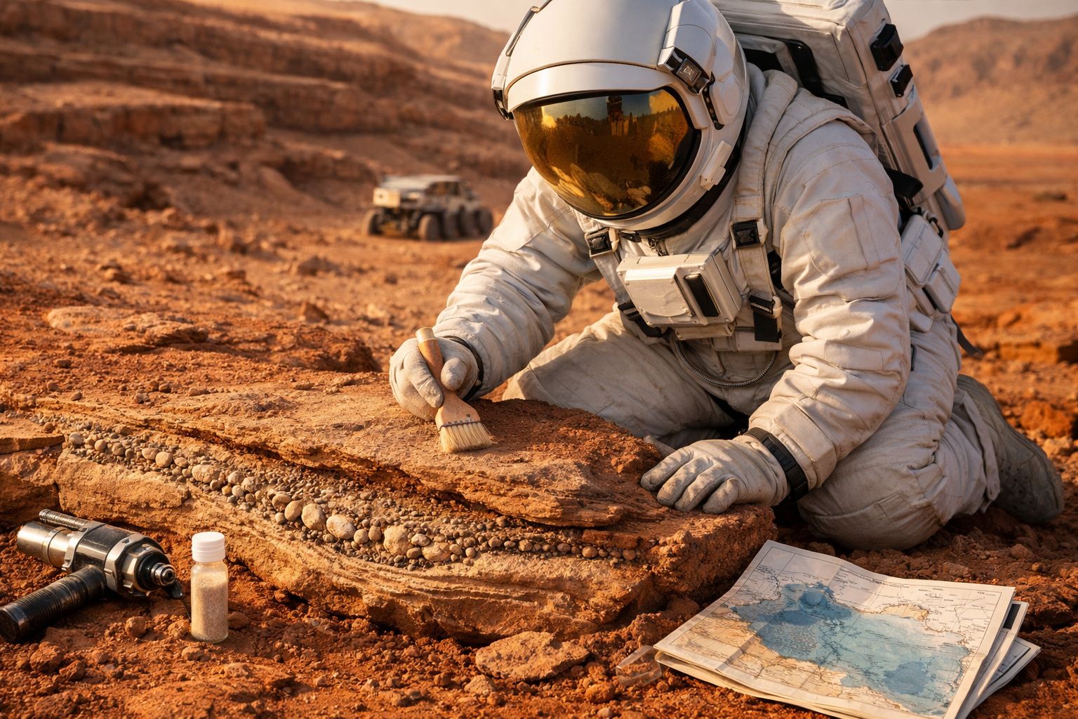 Astronauta estuda rochas em terreno marciano; ferramentas e mapa ao lado.