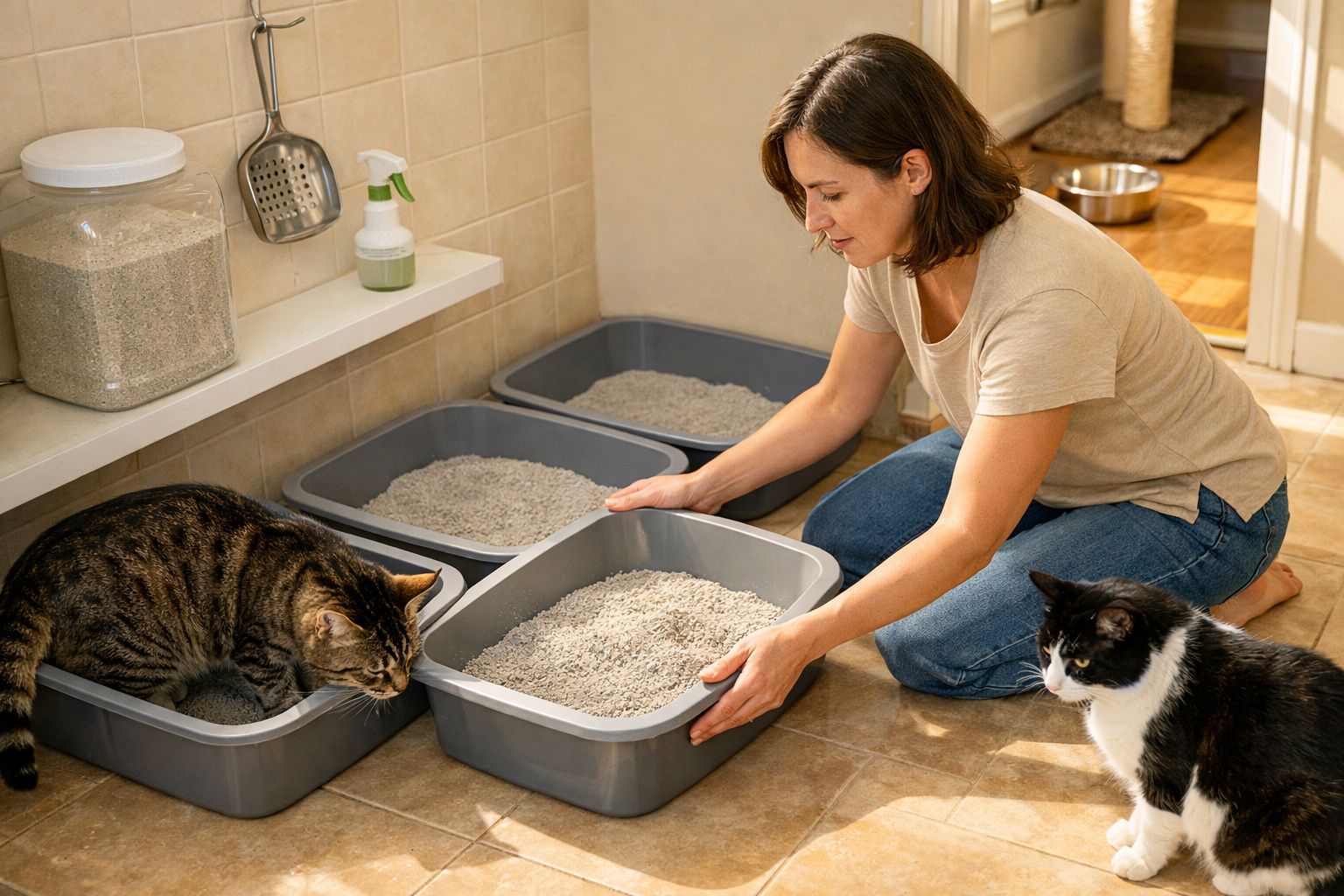 Mulher a limpar caixas de areia para gatos enquanto dois gatos a observam numa sala.