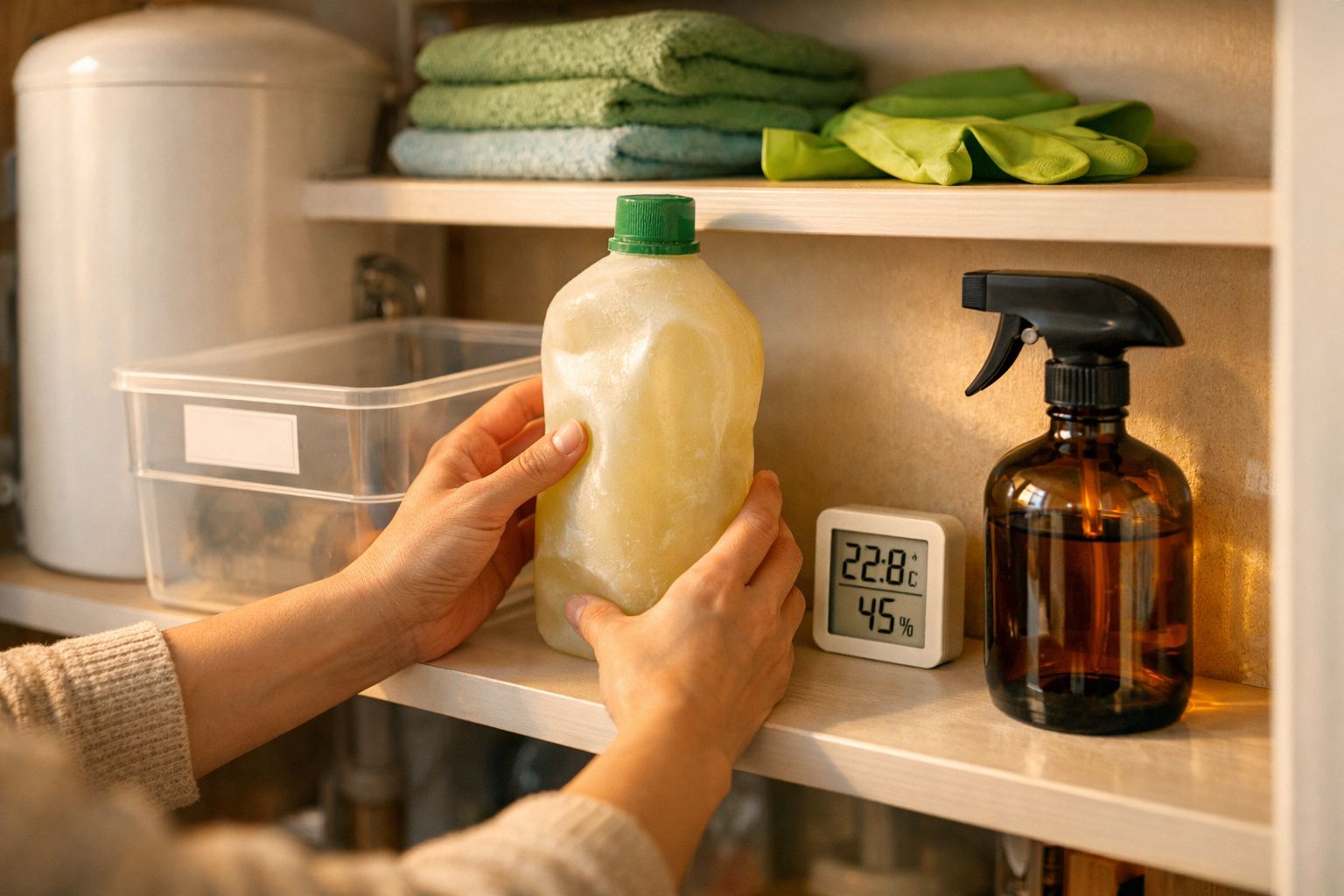 Mãos segurando garrafa congelada numa prateleira com termómetro e utensílios domésticos.