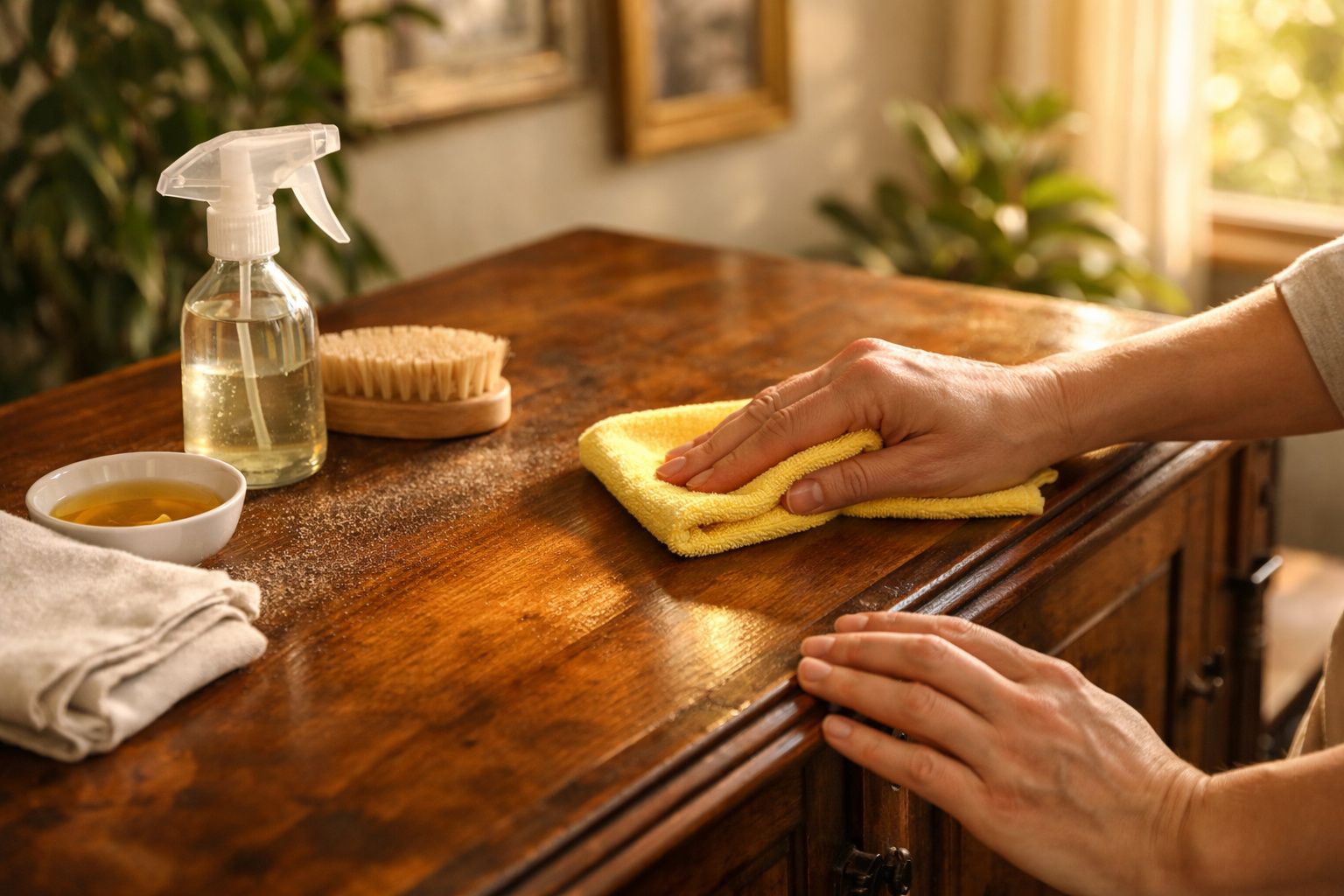 Mãos limpam uma mesa de madeira com pano amarelo; ao lado, spray, escova e tigela pequena.