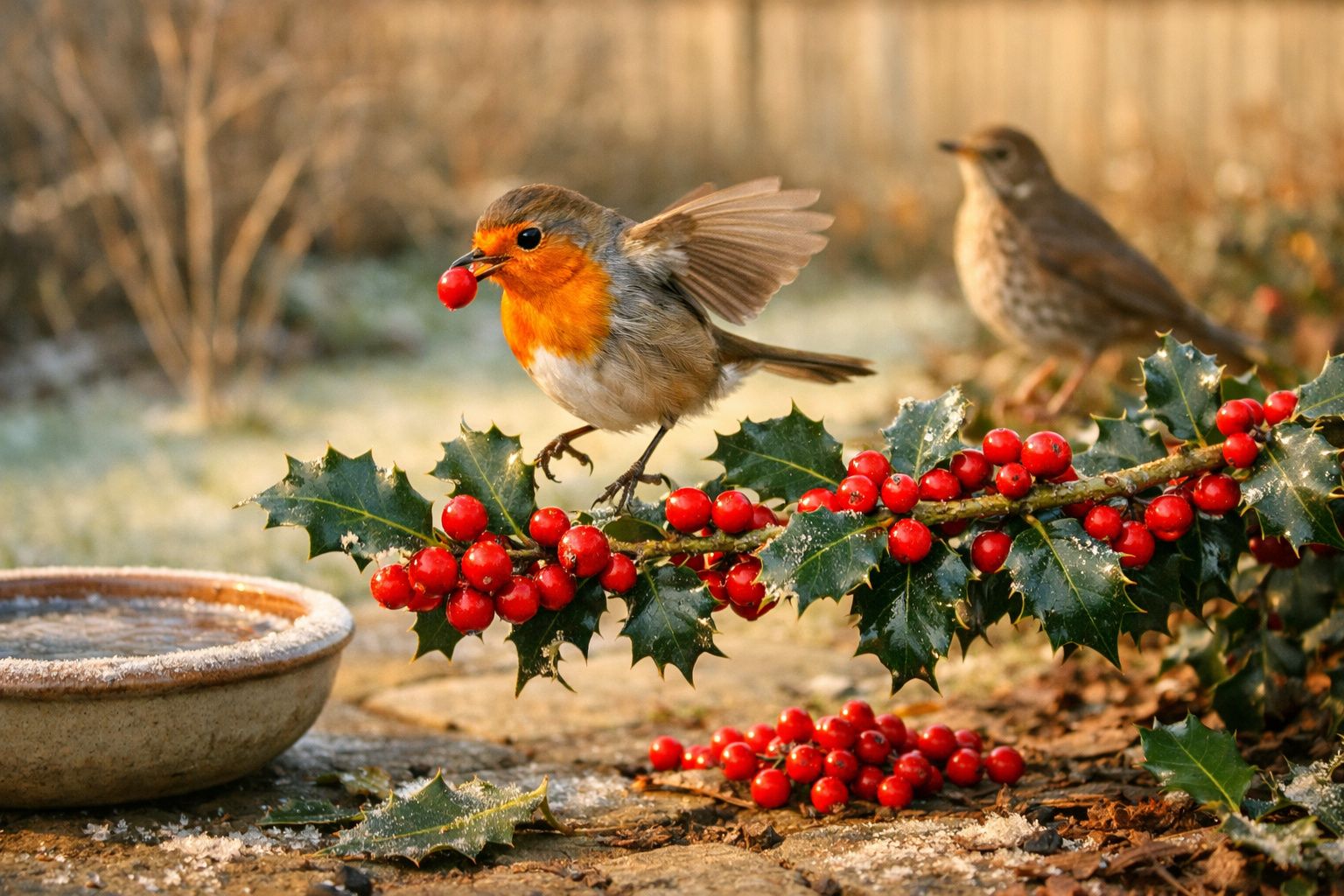 Pisco pousado em ramo de azevinho com bagas vermelhas, próximo a uma tigela de água, outro pássaro ao fundo.