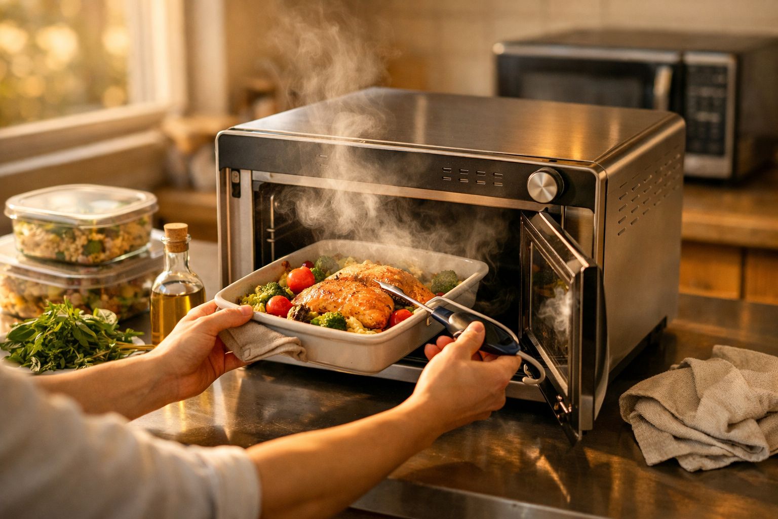 Pessoa a retirar travessa com frango e legumes do forno, na cozinha iluminada.