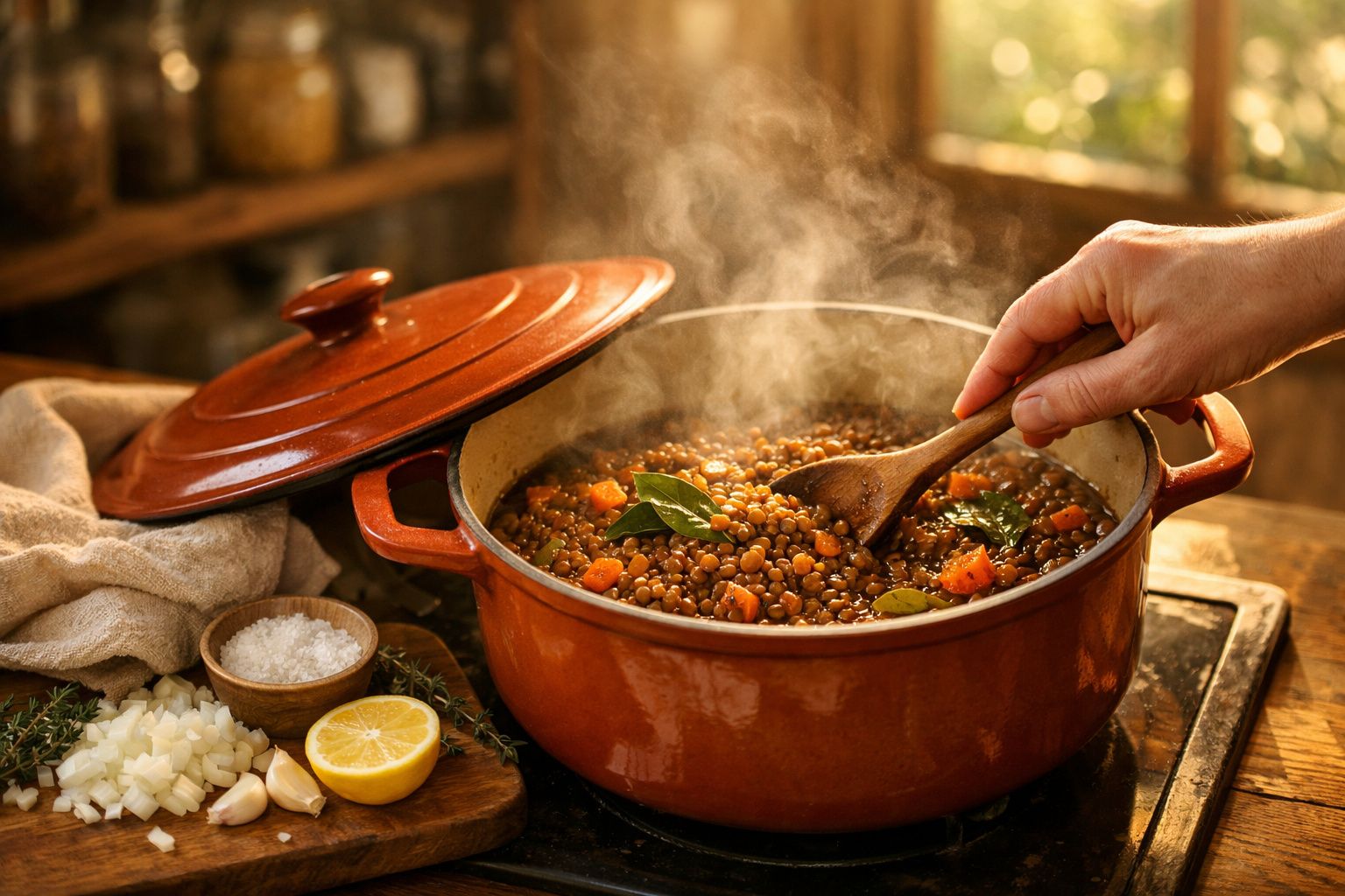 Panela de ferro vermelha com guisado de lentilhas, folha de louro e cenouras, mexido por uma colher de pau.