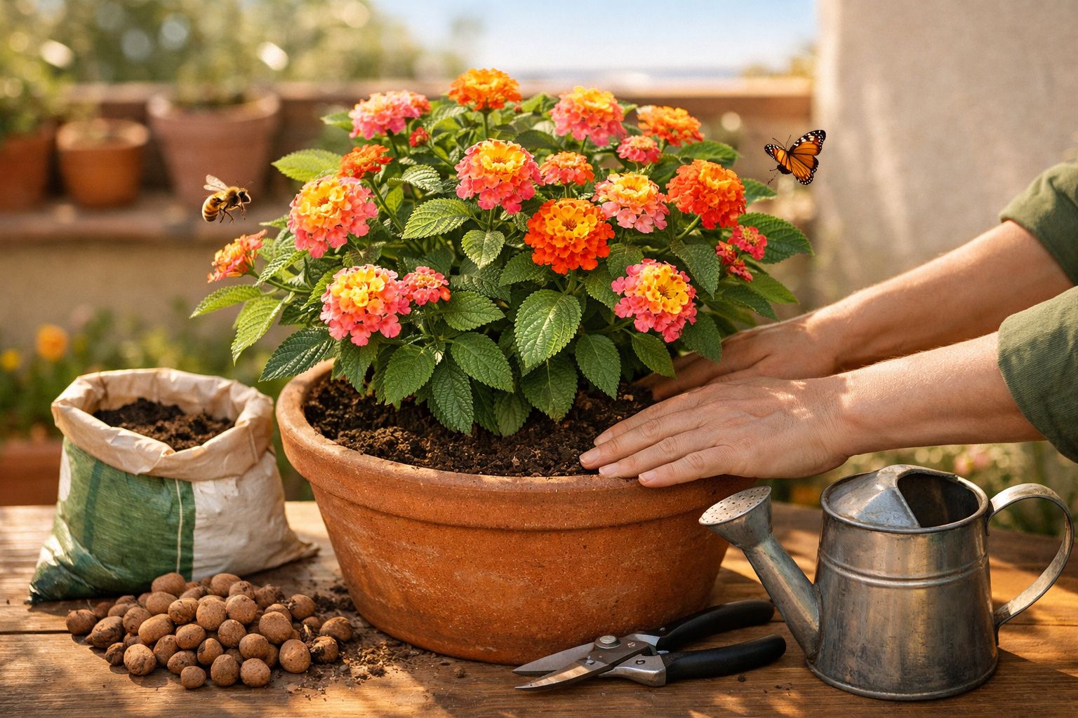 Mãos cuidando de planta com flores laranja e rosa num vaso de barro, rodeada por regador, terra e insetos.