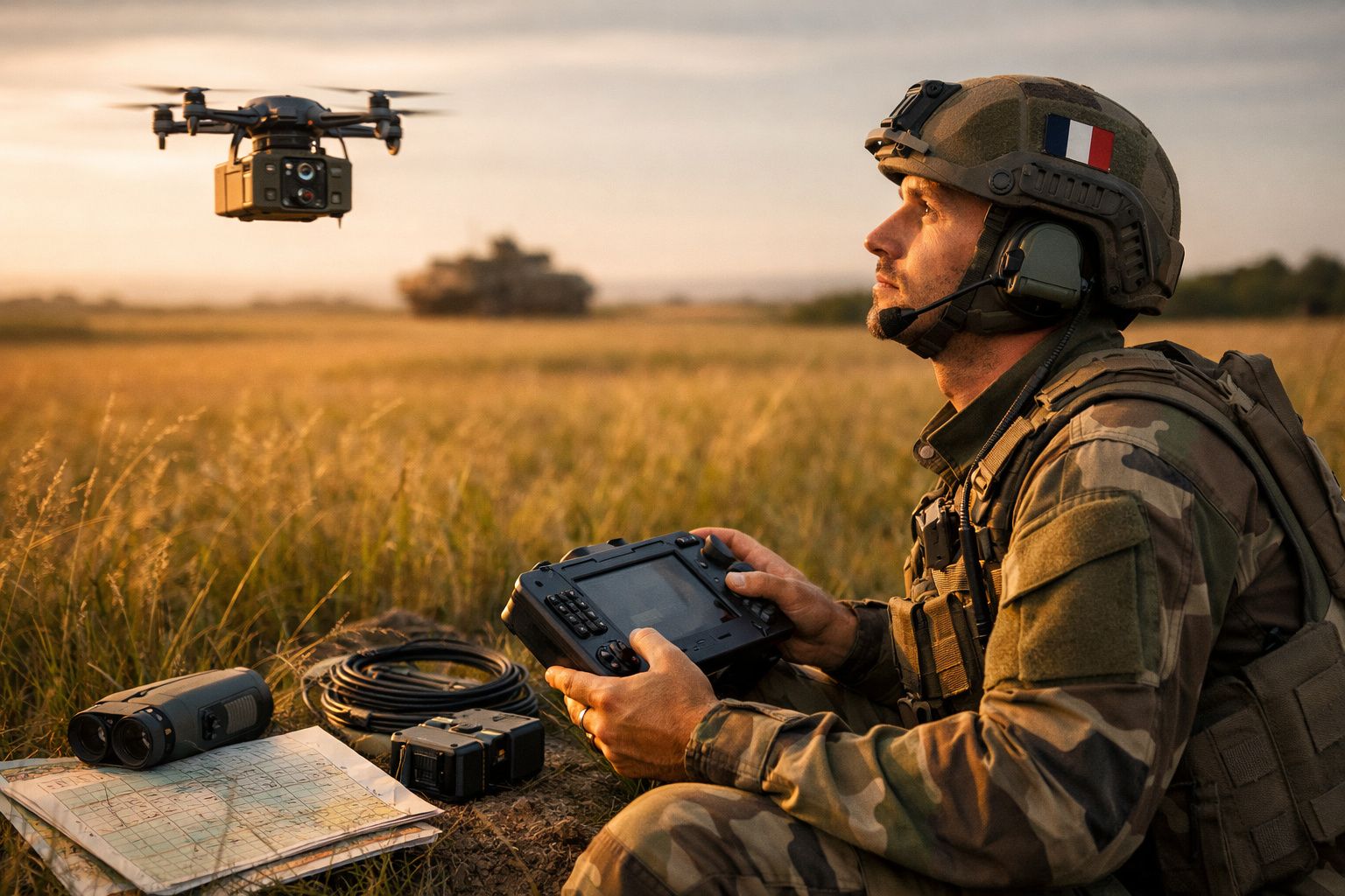 Soldado em campo controla drone com tablet, cercado por gramado; cenário de pôr do sol.