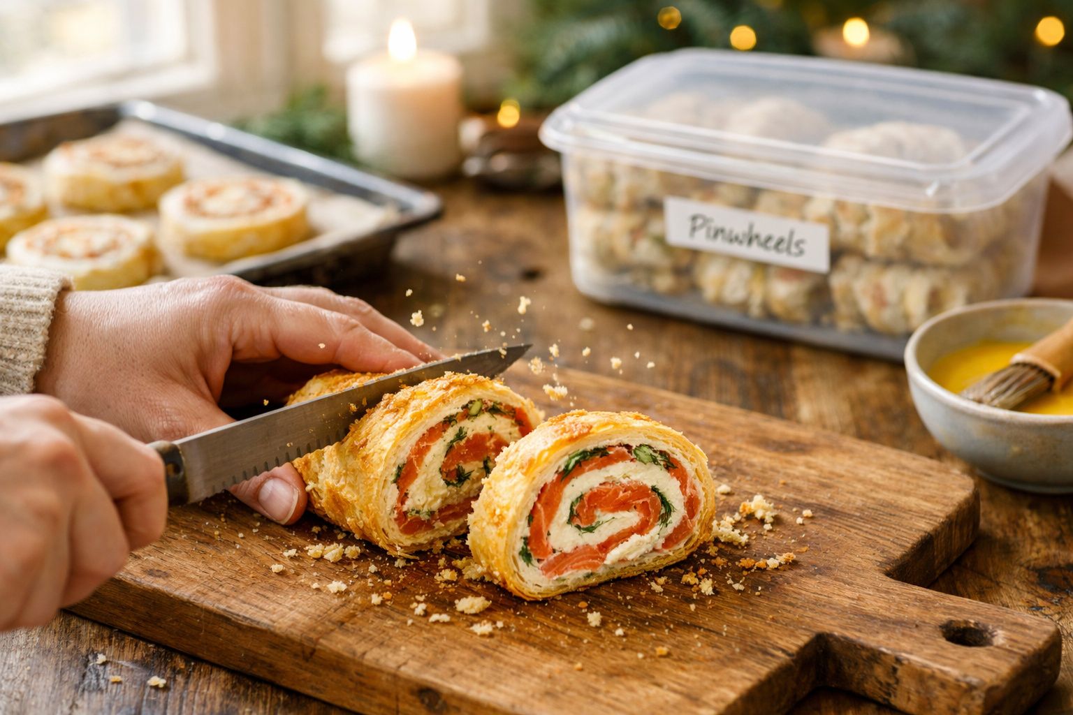 Pessoa corta rolo de massa folhada com salmão e espinafre numa tábua de madeira, na cozinha.