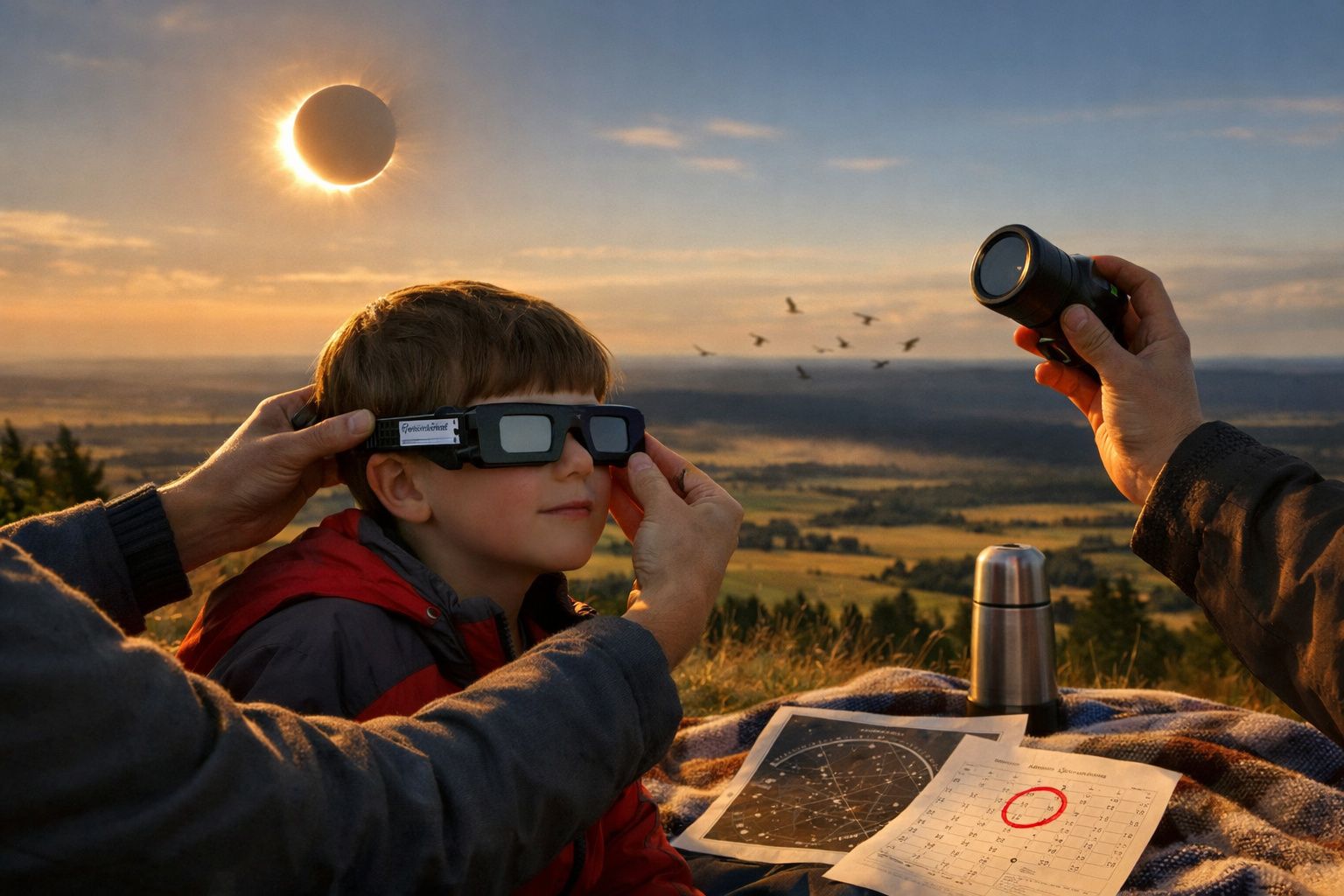 Criança observa eclipse solar com óculos especiais, assistida por adulto, num campo aberto ao pôr do sol.