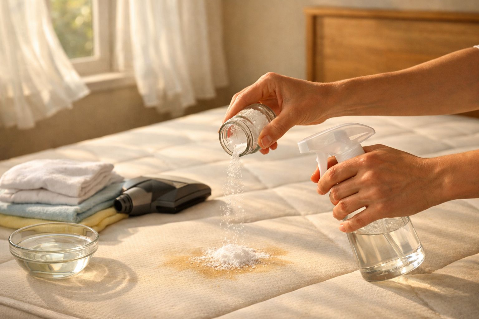 Mãos aplicam pó e spray sobre mancha num colchão, com toalhas e utensílios ao fundo.