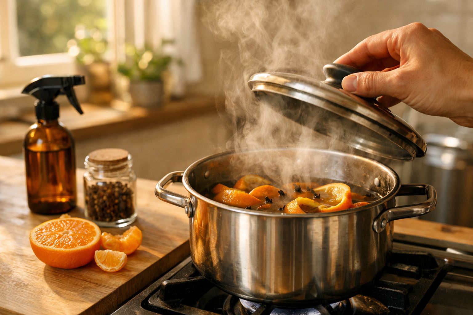Mão levantando tampa de panela de inox com laranjas e cravinho a ferver, ao lado de uma spray e tangerina cortada.