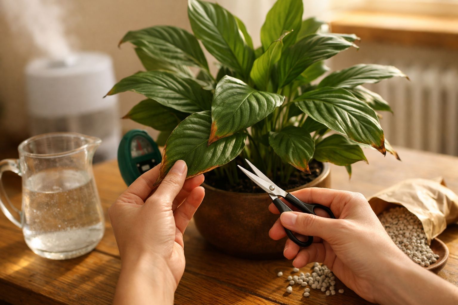 Pessoa a podar planta de interior com tesoura, perto de jarro de água e saco de fertilizante vermelho.