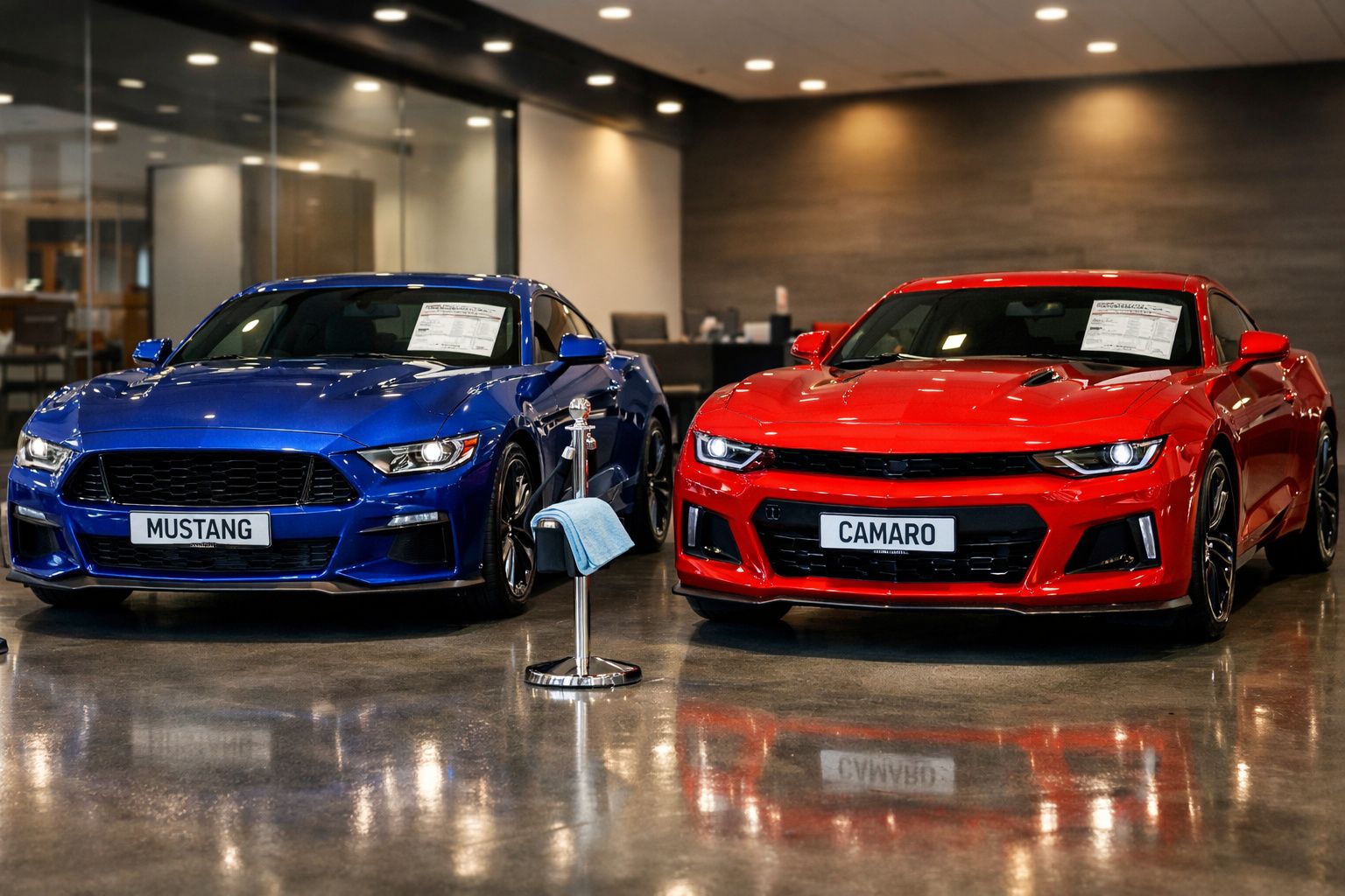 Dois carros desportivos, um Mustang azul e um Camaro vermelho, expostos num showroom bem iluminado.