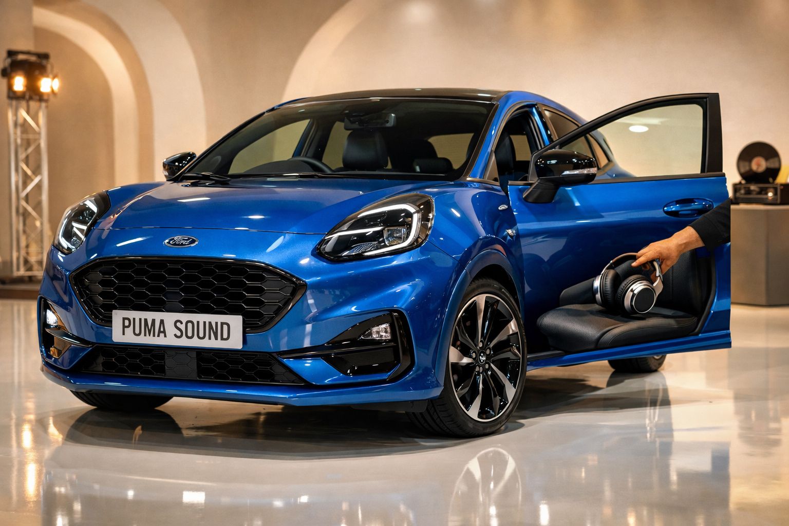 Carro azul Ford Puma com porta aberta, destacando auscultadores no banco da frente. Envolvente moderna.