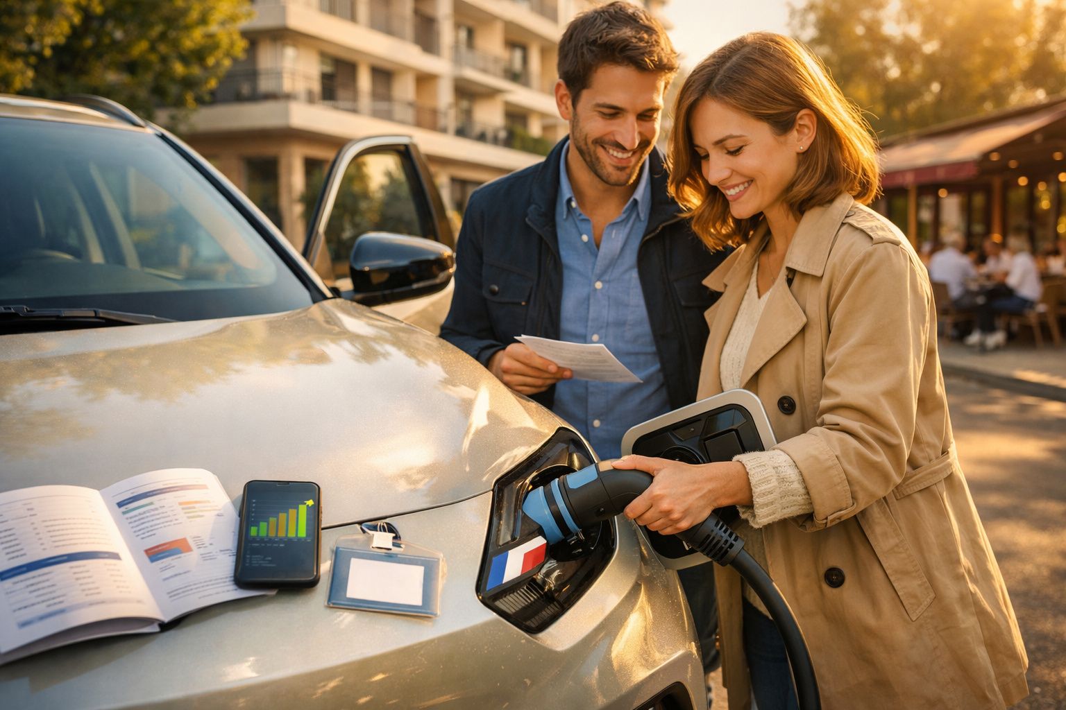 Casal feliz carrega carro elétrico ao lado de café, com documentos e smartphone sobre o capô do veículo.