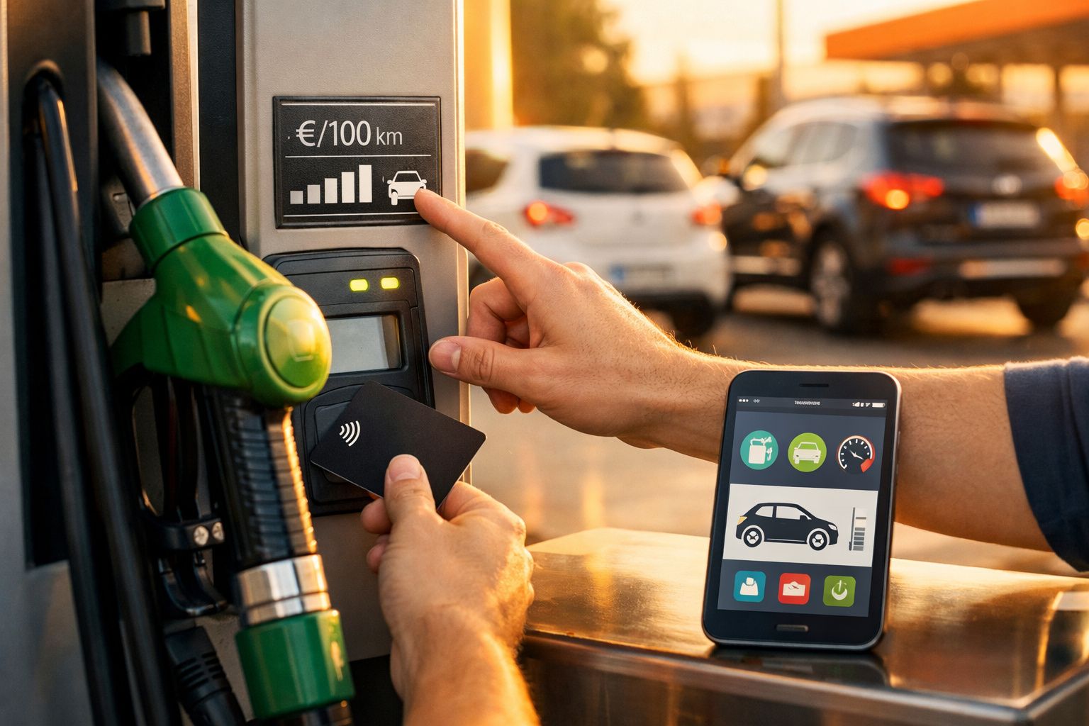 Pessoa na bomba de gasolina com telemóvel, calculadora e ícone de carro indicativo de eficiência.