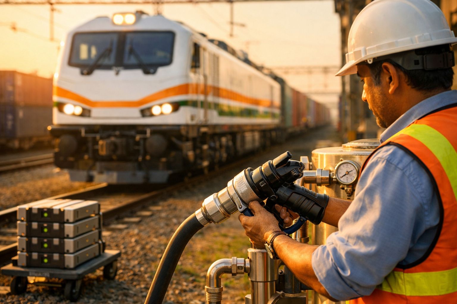 Dois trabalhadores junto a uma locomotiva branca com faixas laranja e verde, conectada a um gerador.