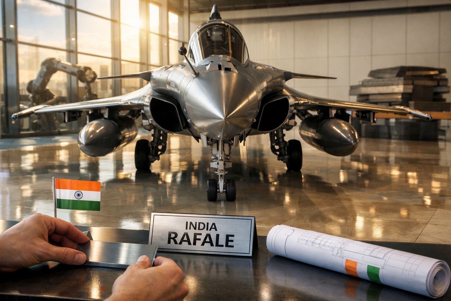 Dois homens apertam as mãos em frente a um modelo de avião e planos, com um emblema "Make in India" na mesa.
