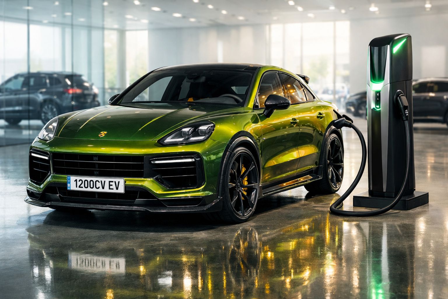 Carro desportivo SUV verde a carregar numa garagem com luz natural, junto a equipamento de carregamento elétrico.