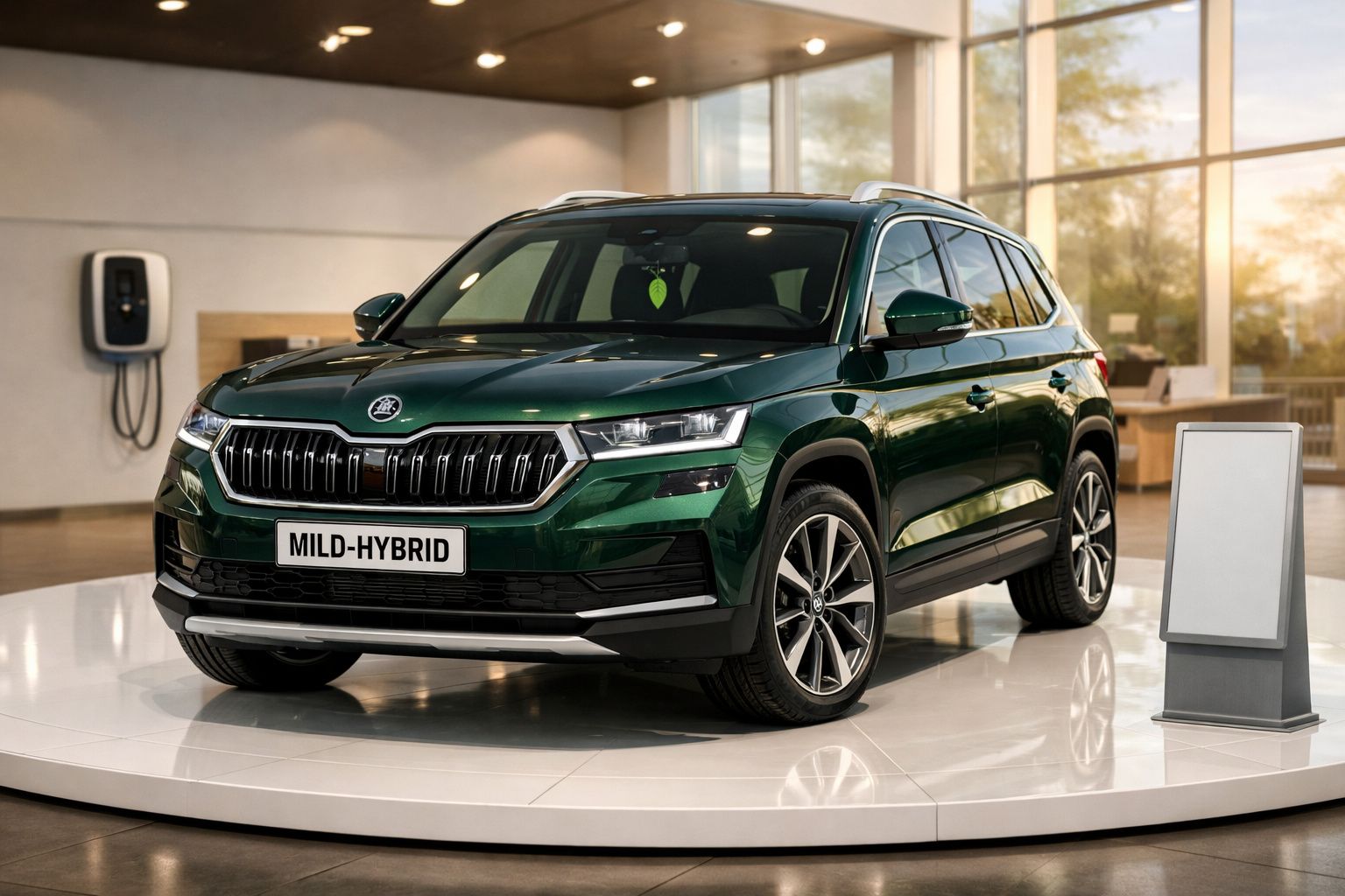 SUV Skoda Kodiaq MHEV verde num showroom, com carregador elétrico visível em primeiro plano.