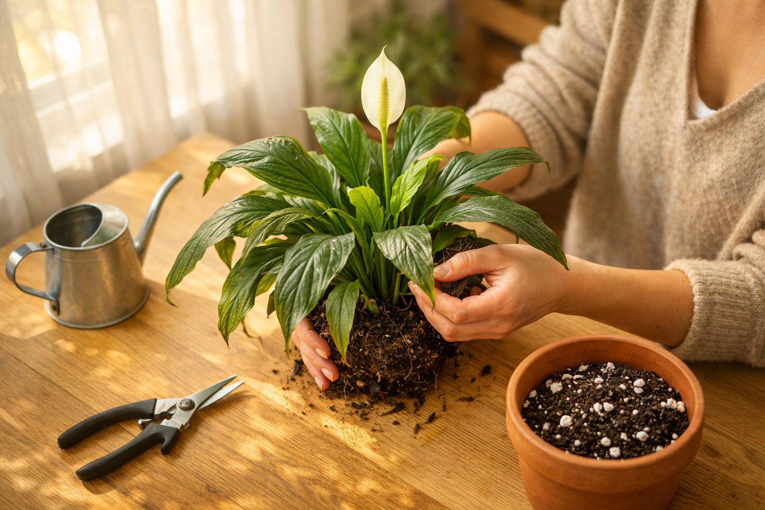Pessoa a transplantar lírio-da-paz num vaso de barro, com regador e ferramentas de jardinagem sobre a mesa.