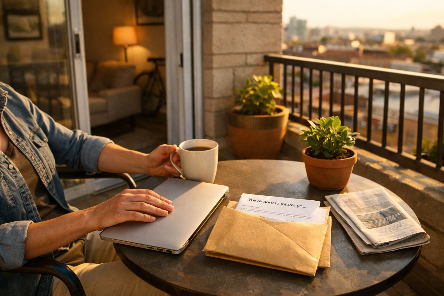 Pessoa mexe chá com limão perto de portátil, ampulheta caída, papéis e smartphone sobre mesa de madeira.