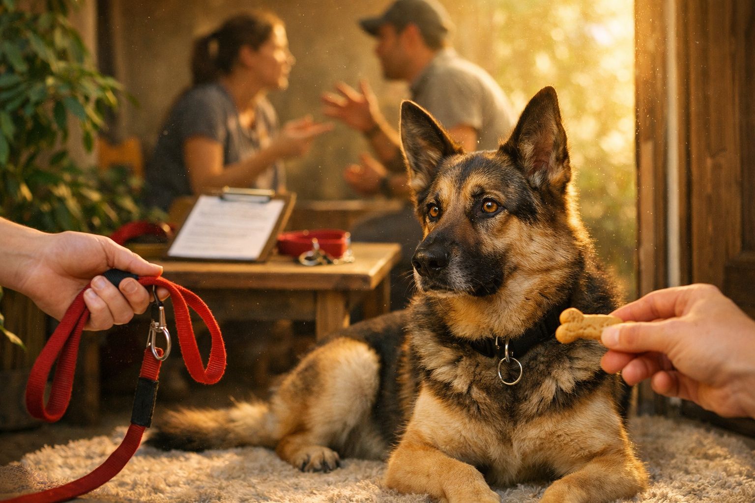 Pastor alemão ferido com ligadura na pata, rodeado por pessoas segurando brinquedos, guloseimas e prancheta com papéis.