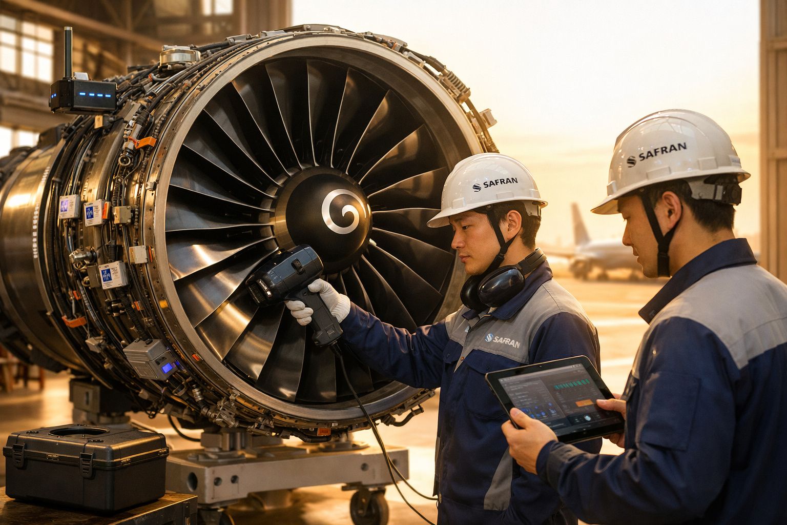 Técnicos analisam motor de avião com tablet e gráfico, num aeroporto ao pôr do sol, com aeronave ao fundo.